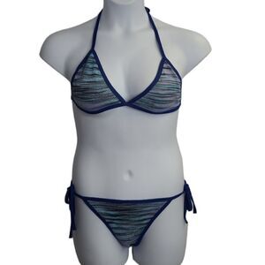 VINTAGE 70s blue knit two‎ piece triangle string halter top bikini swimsuit S